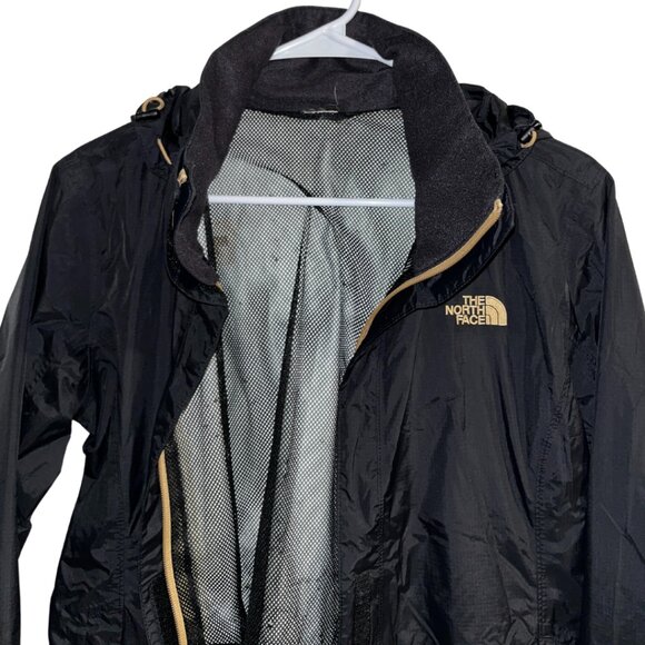 North Face Women's Hyvent Waterproof Rain Jacket Black & Gold Packable Hood - Picture 1 of 10